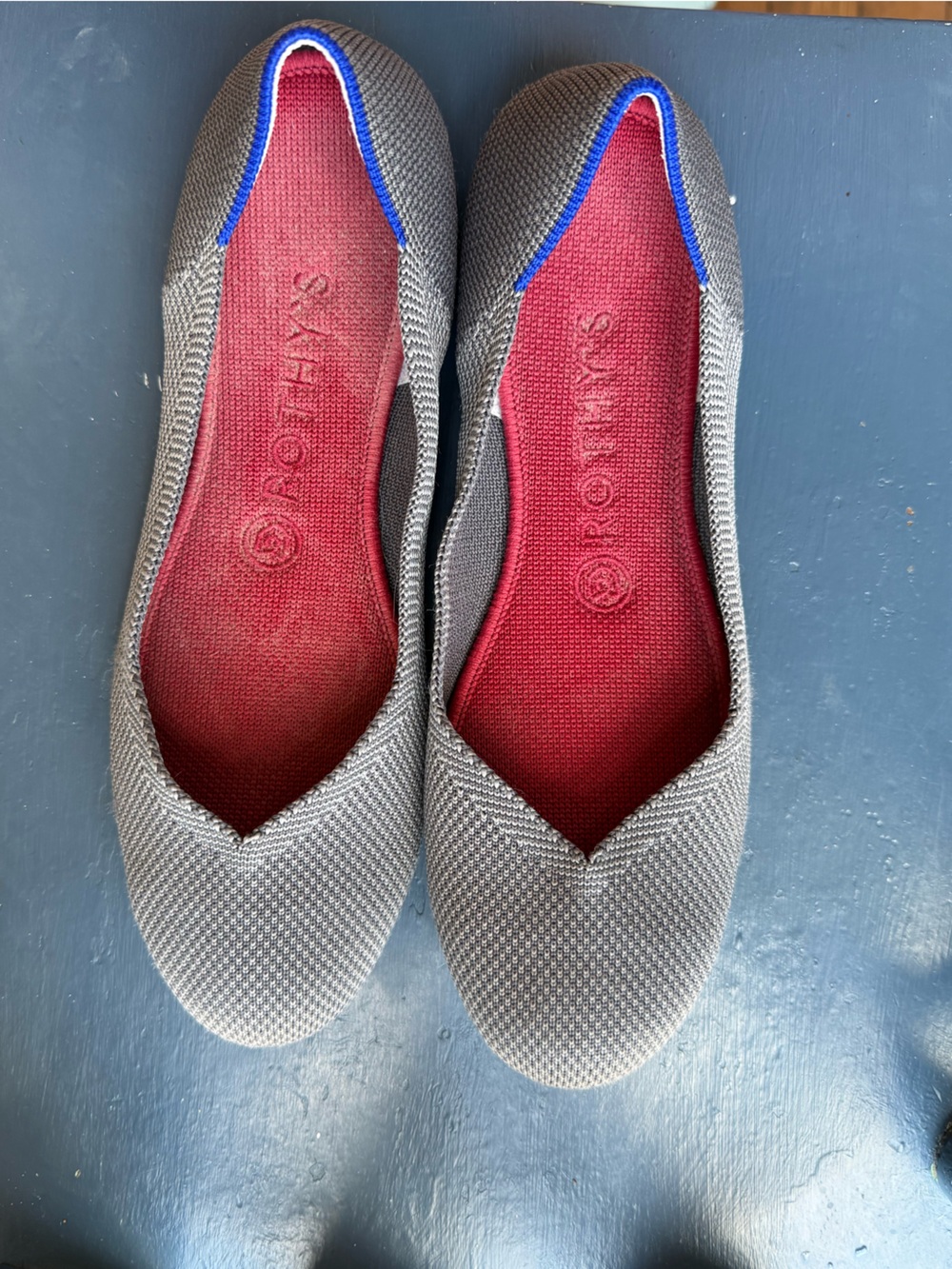Rothy's Gray Knit Ballet Flats with Red Insole and Blue Heel Trim